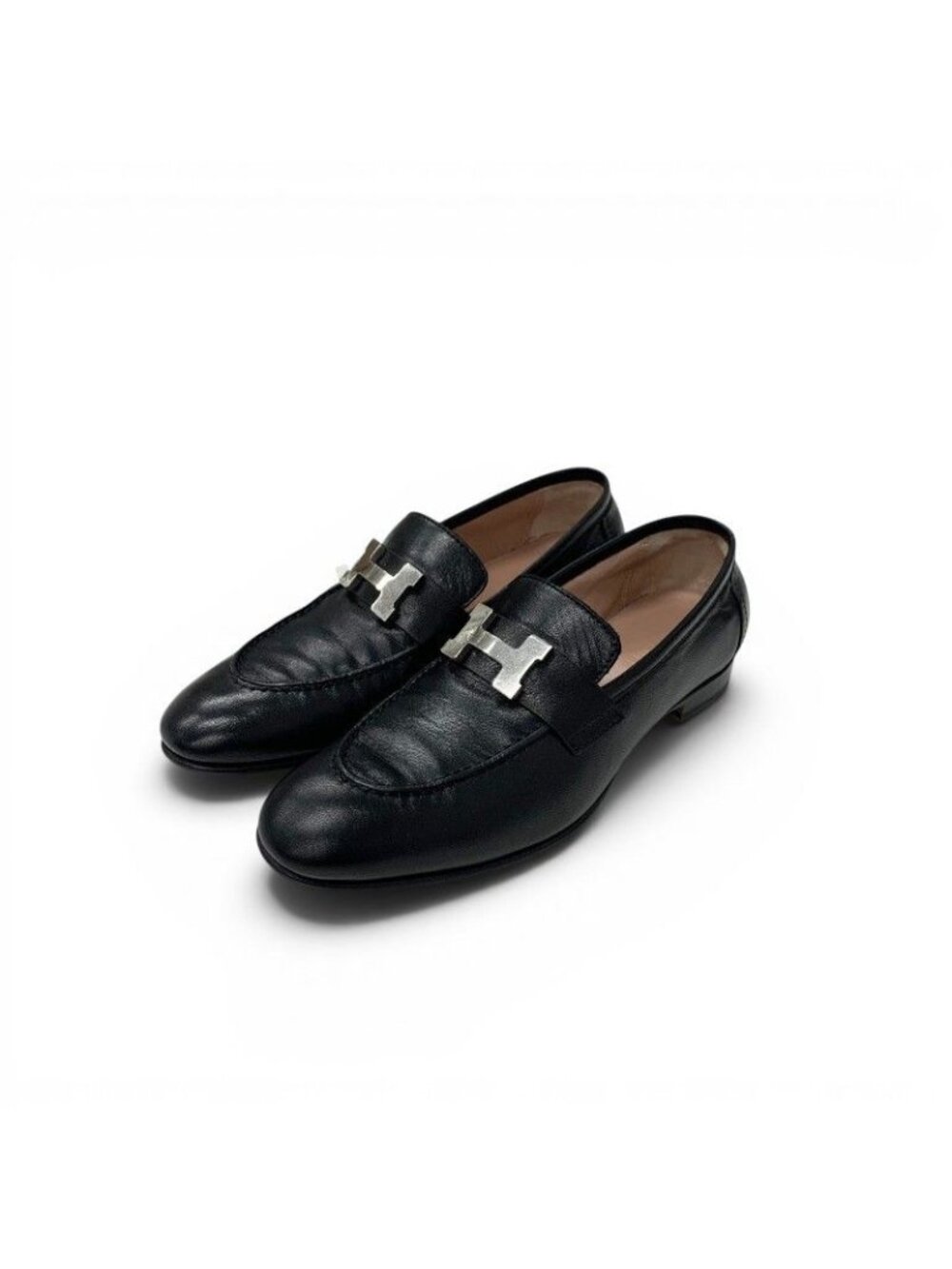 Hermes Paris Loafers Leather Shoes Black Silver Moccasins